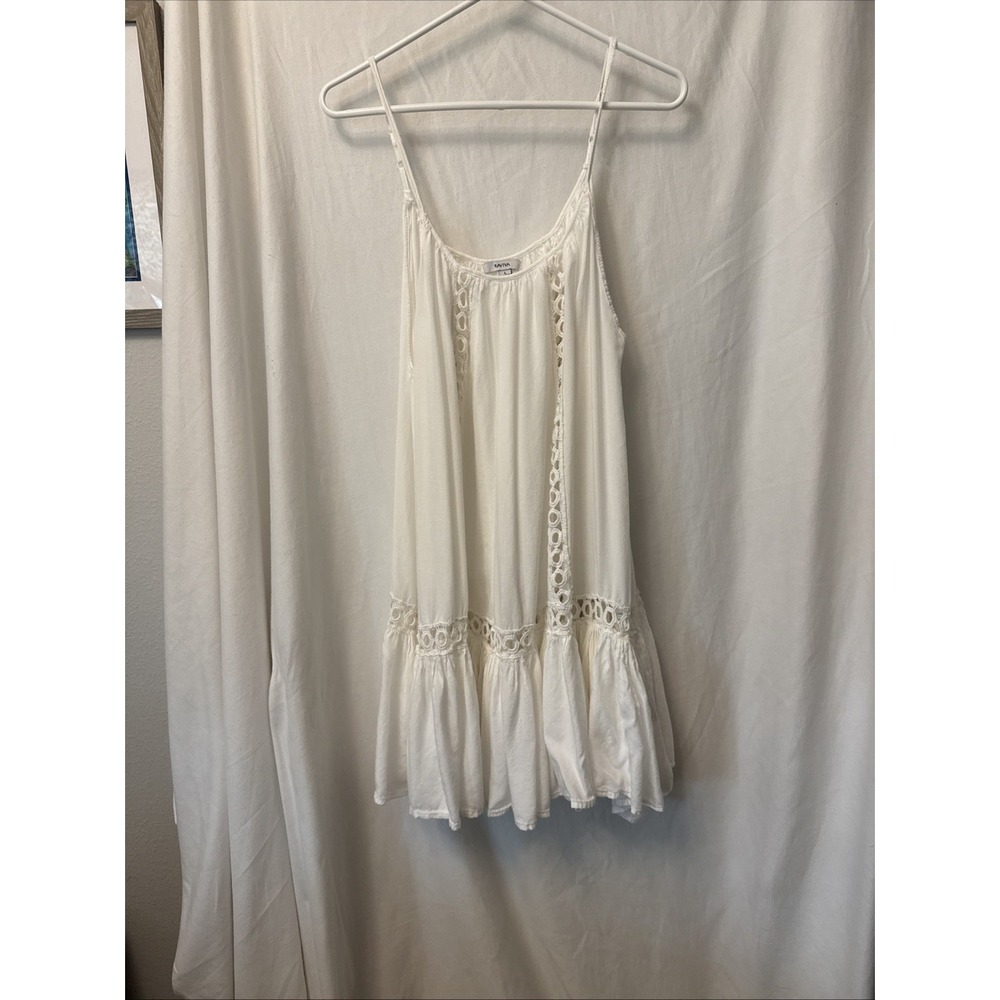 Raviya Womens White Boho Mini Dress Crochet Lace Spaghetti Strap Sundress L